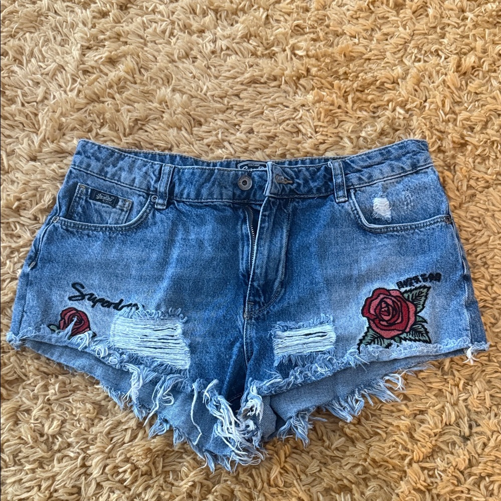 Superdry Blue Jean Shorts with Rose Detail